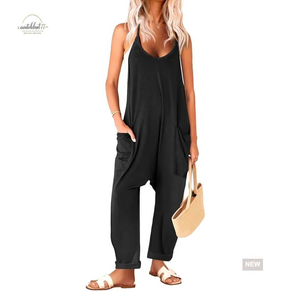 Sleeveless Jumpsuit with Pockets, Loose Fit, Polyester, Size Medium